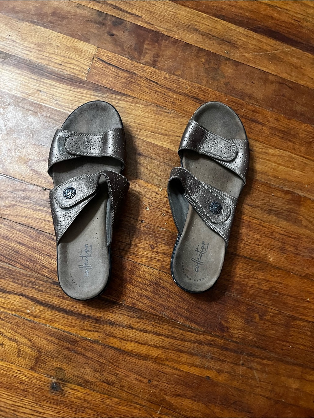 Leather Slide Sandals with Perforated Straps - Bronze Brown